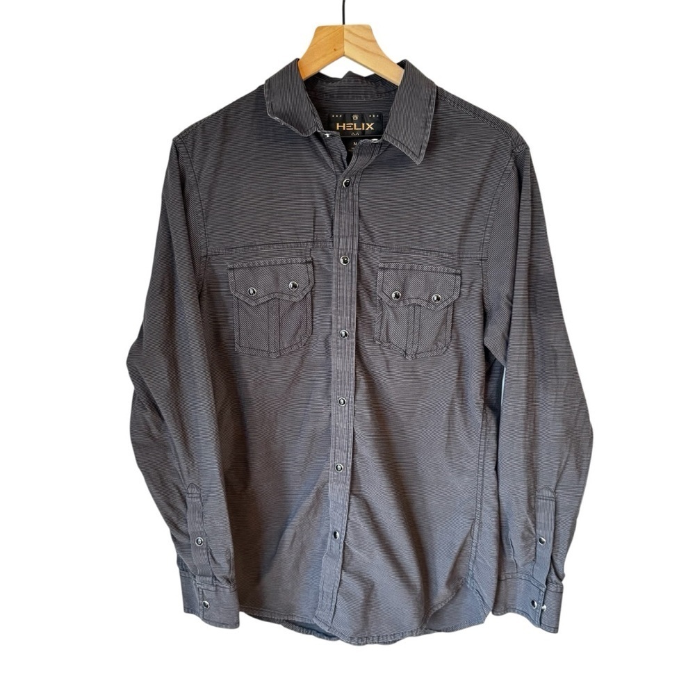 Helix Men’s Black Striped Snap Button Up Double Pocket Long Sleeve Top Sz M